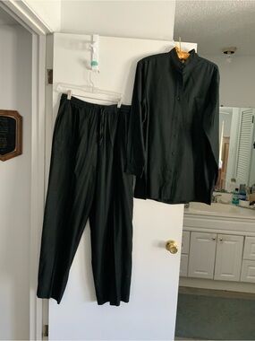 Black Button-Down Top and Elastic Waist Pants Set